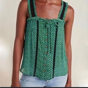 Anthropologie Bardot Tank Top Green Black Blouse Size 0 Sheer Square Neck